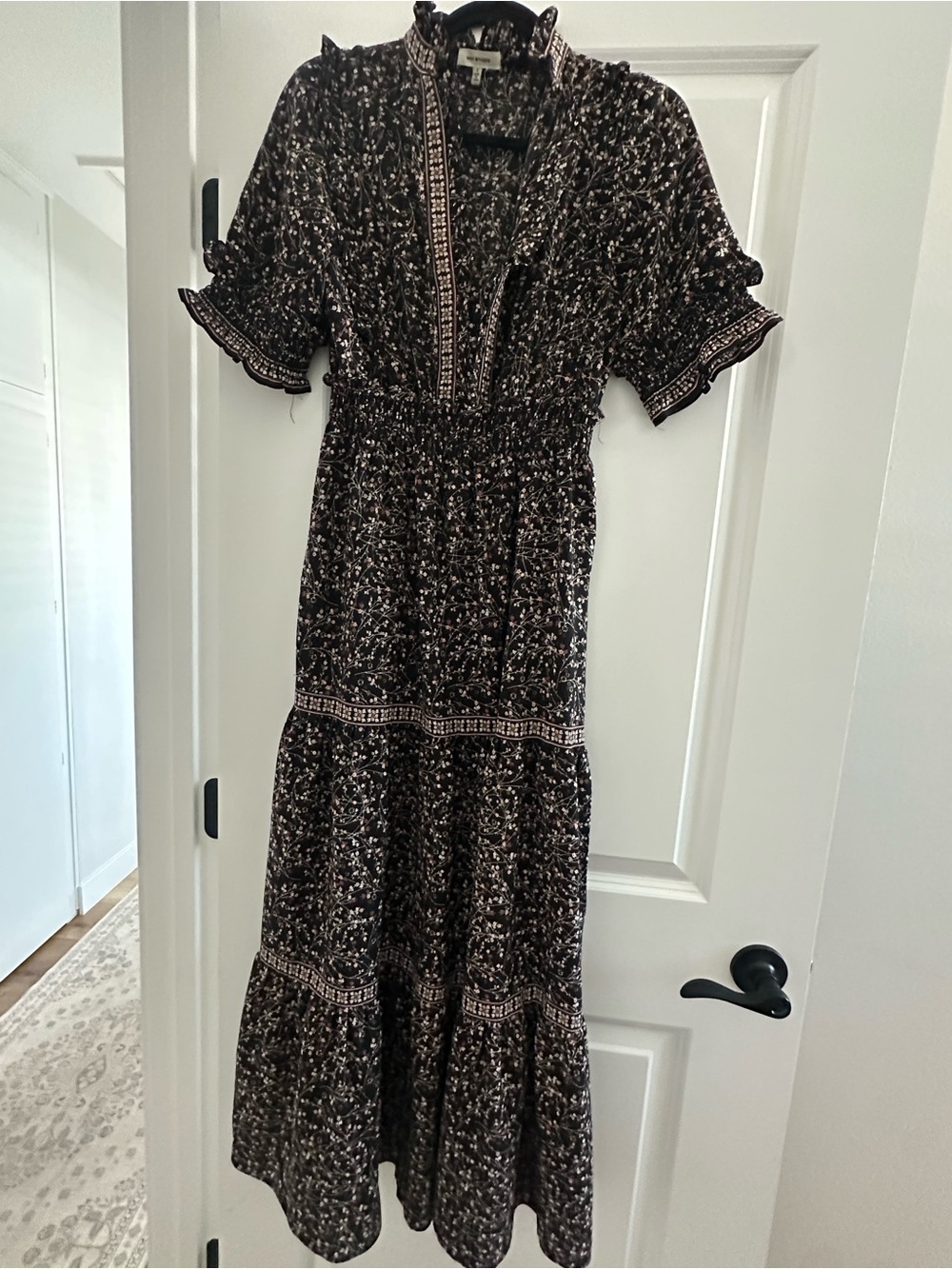 Smocked Waist Floral Maxi Dress - Black/Brown
